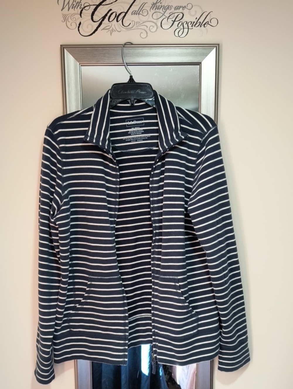 Lands' End Navy and White Striped Women's Front-Zip Jacket